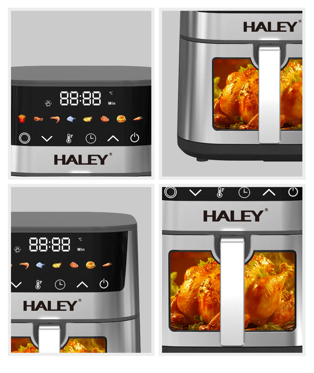 Friteuză cu Aer Cald HALEY 7L, 2000W cu Gătire 360°, Ecran Tactil, Geam de Vizualizare 180°, 8 Programe – Gătit Sănătos și Crocant fără Ulei